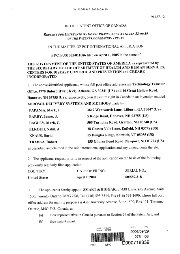 Document de brevet canadien 2561845. Cession 20060929. Image 2 de 9