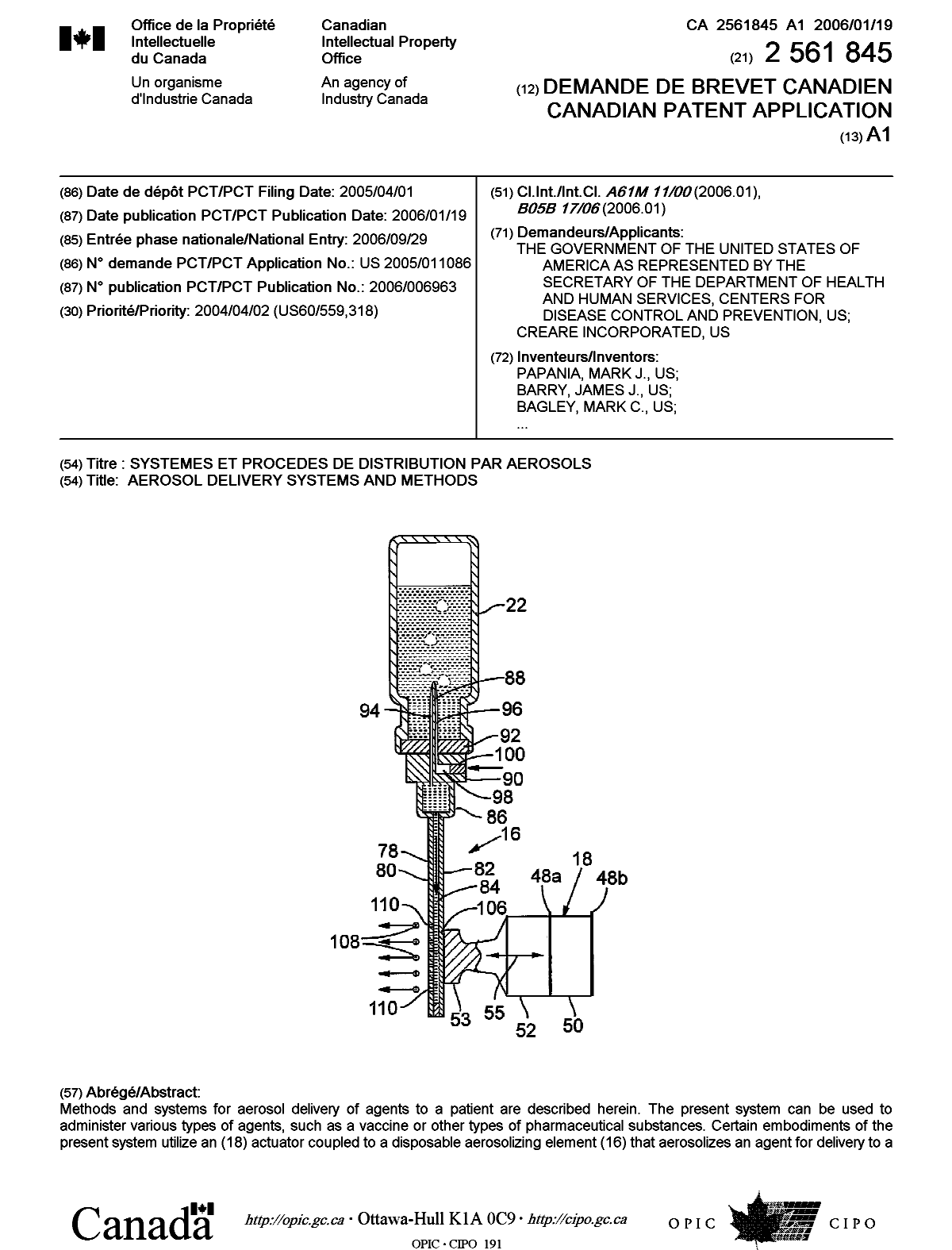 Document de brevet canadien 2561845. Page couverture 20061128. Image 1 de 2