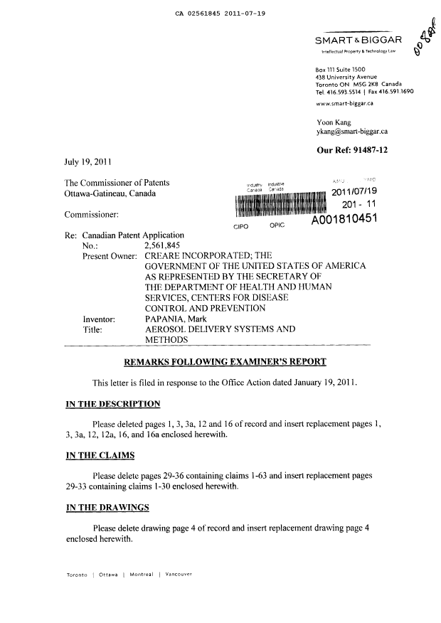 Canadian Patent Document 2561845. Prosecution-Amendment 20110719. Image 1 of 16