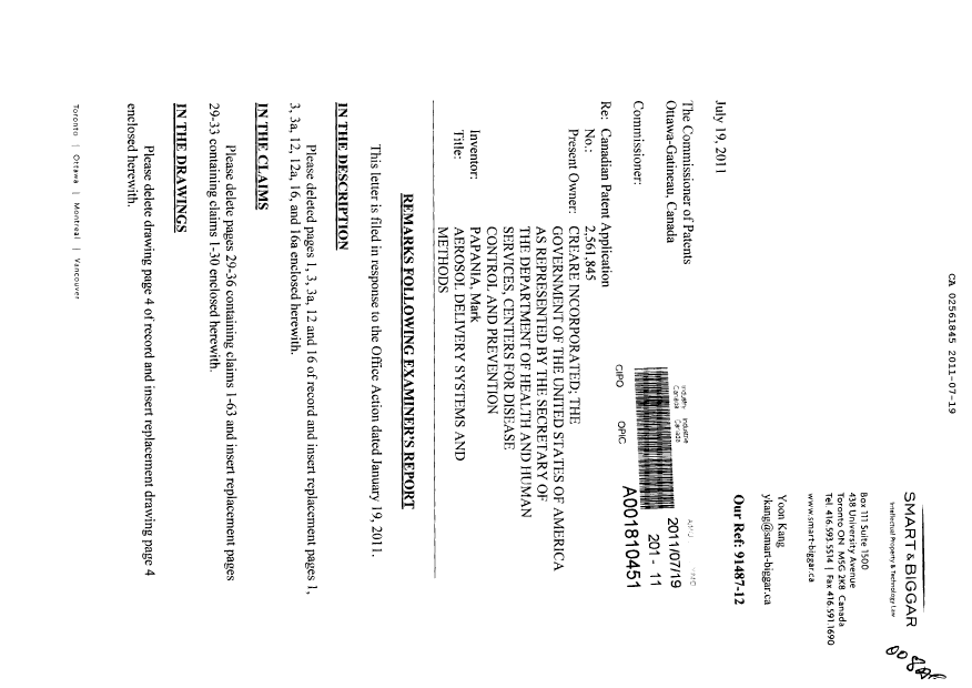 Document de brevet canadien 2561845. Poursuite-Amendment 20110719. Image 1 de 16