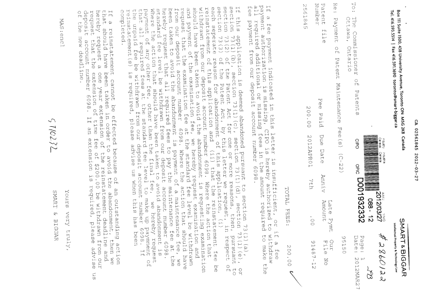 Document de brevet canadien 2561845. Taxes 20120327. Image 1 de 1
