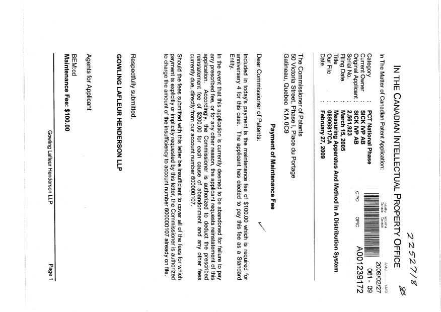 Document de brevet canadien 2561923. Taxes 20090227. Image 1 de 1
