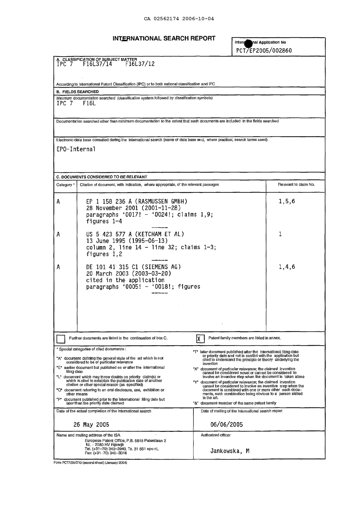Document de brevet canadien 2562174. PCT 20061004. Image 1 de 4