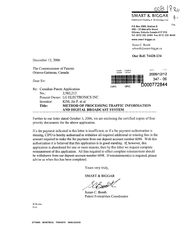 Document de brevet canadien 2562212. Correspondance de la poursuite 20061212. Image 1 de 1