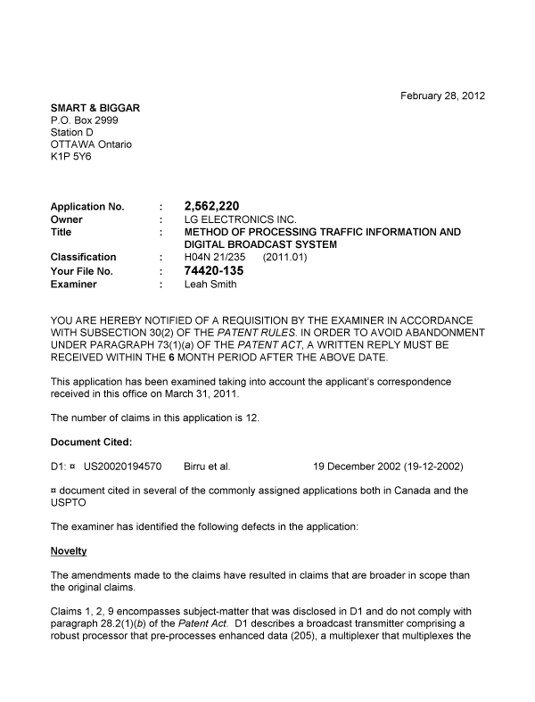Canadian Patent Document 2562220. Prosecution-Amendment 20120228. Image 1 of 2
