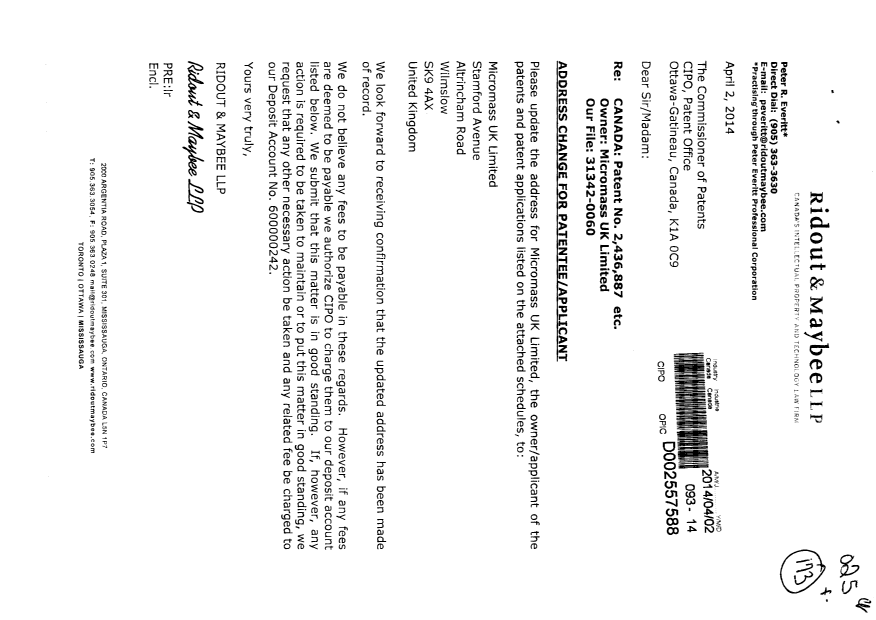 Document de brevet canadien 2562272. Cession 20140402. Image 1 de 7