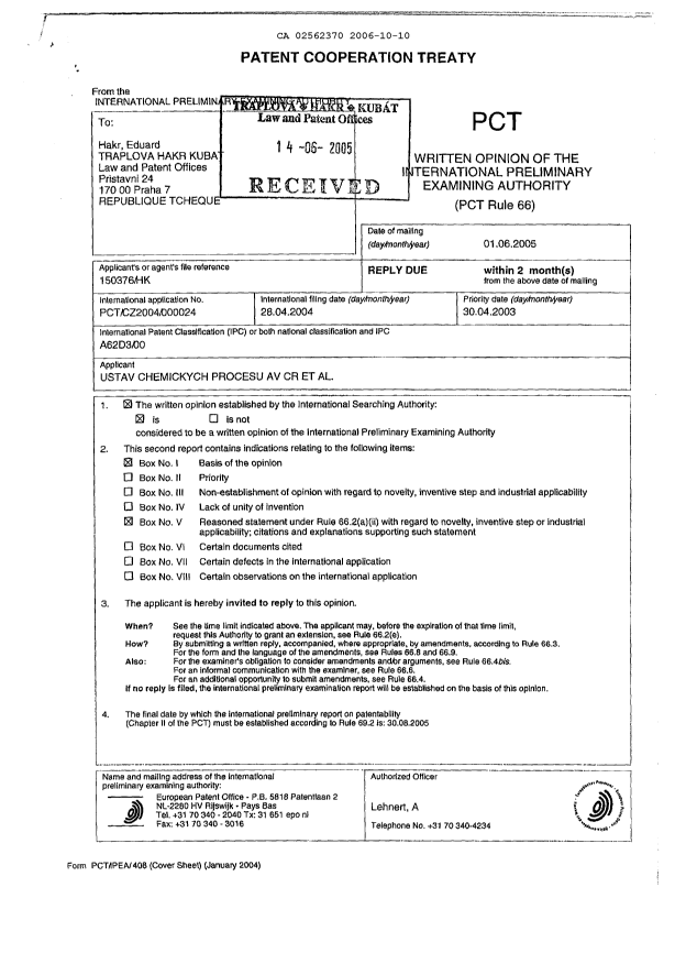 Canadian Patent Document 2562370. PCT 20061010. Image 1 of 9