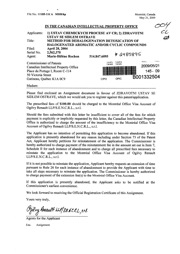 Canadian Patent Document 2562370. Assignment 20090521. Image 1 of 2