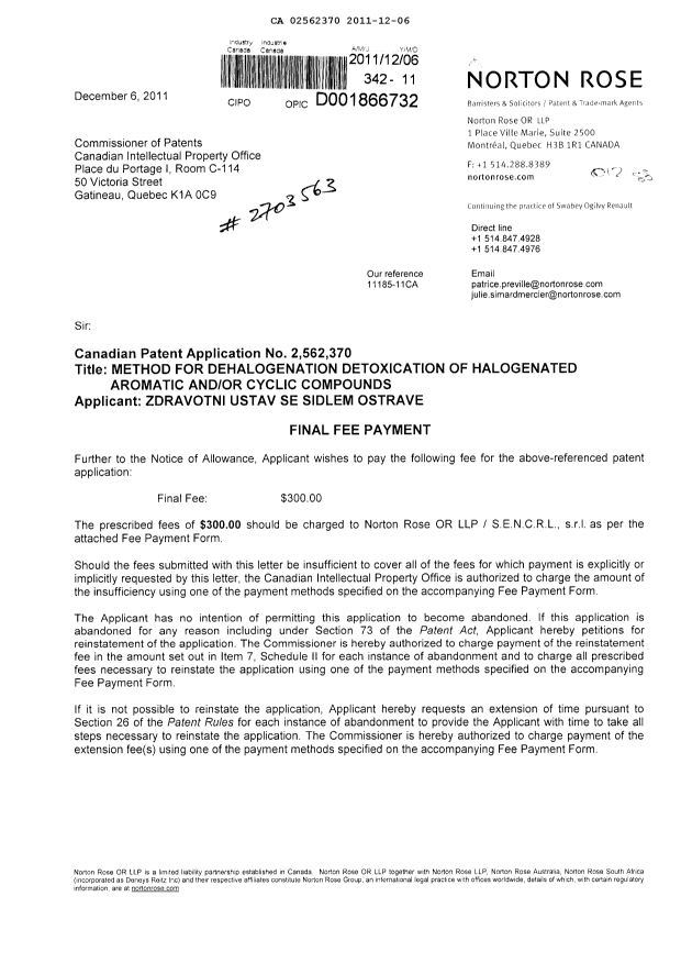 Canadian Patent Document 2562370. Correspondence 20111206. Image 1 of 2