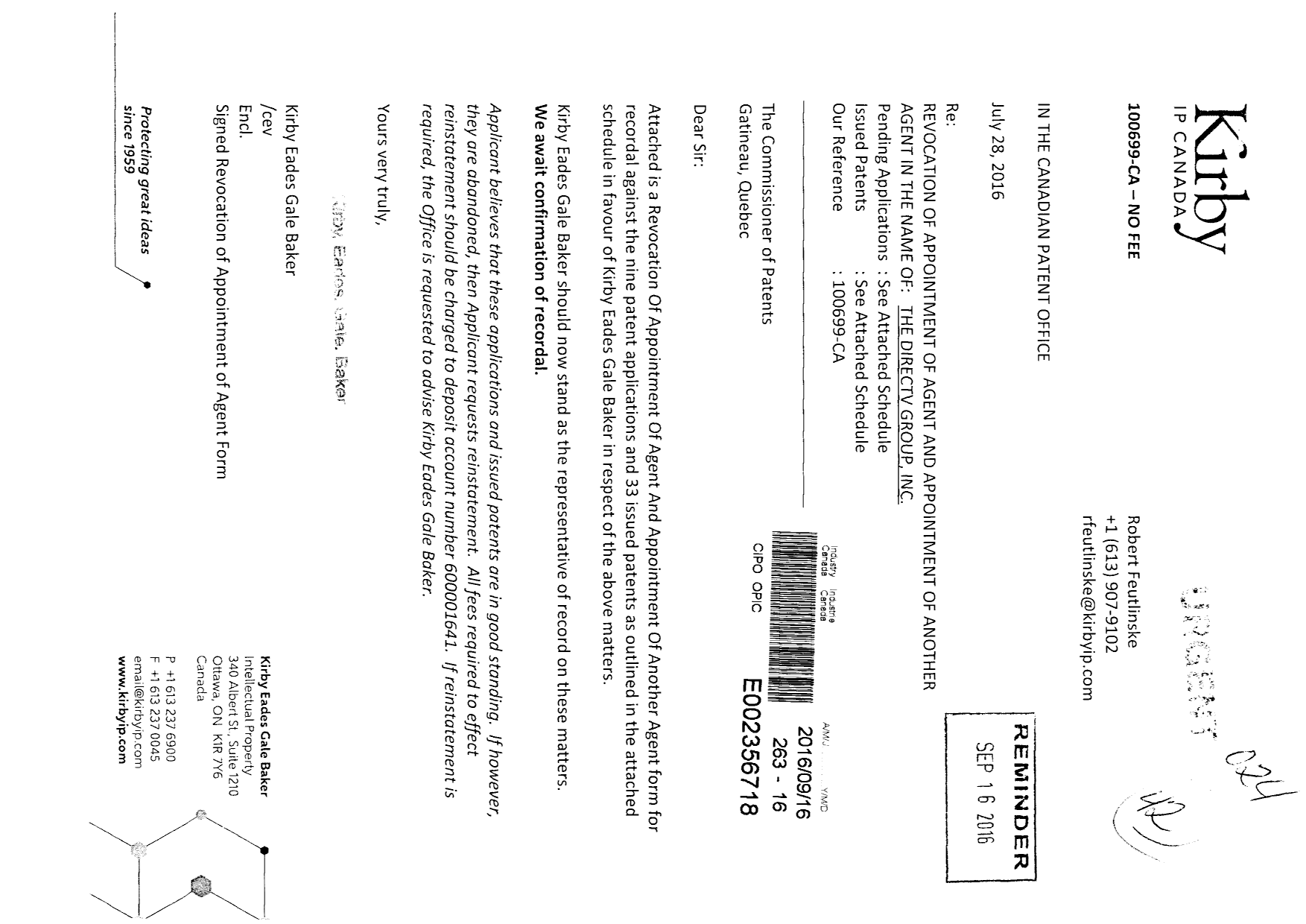 Canadian Patent Document 2562662. Correspondence 20160916. Image 1 of 4