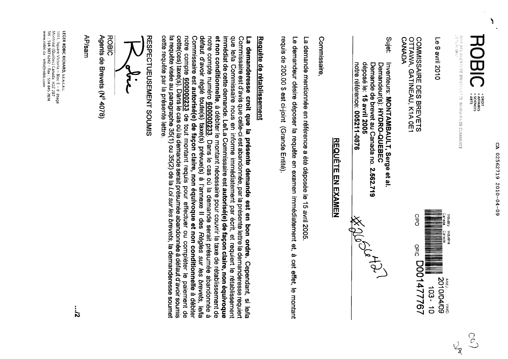 Canadian Patent Document 2562719. Prosecution-Amendment 20091209. Image 1 of 2