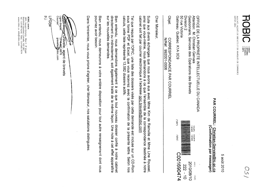 Document de brevet canadien 2562719. Correspondance 20091210. Image 1 de 1