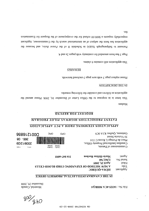 Document de brevet canadien 2562760. Poursuite-Amendment 20071229. Image 1 de 3