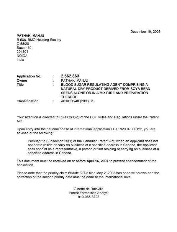 Canadian Patent Document 2562863. Correspondence 20061214. Image 1 of 1