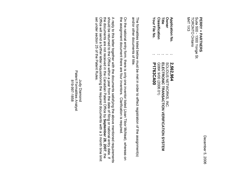 Document de brevet canadien 2562964. Correspondance 20061129. Image 1 de 1
