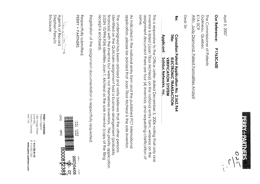 Document de brevet canadien 2562964. Cession 20070405. Image 1 de 3