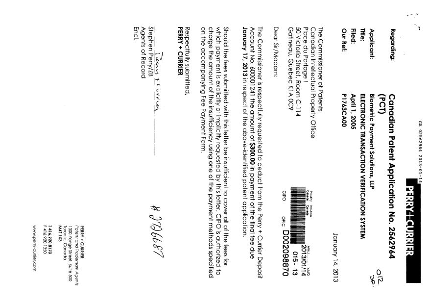 Document de brevet canadien 2562964. Correspondance 20130114. Image 1 de 1