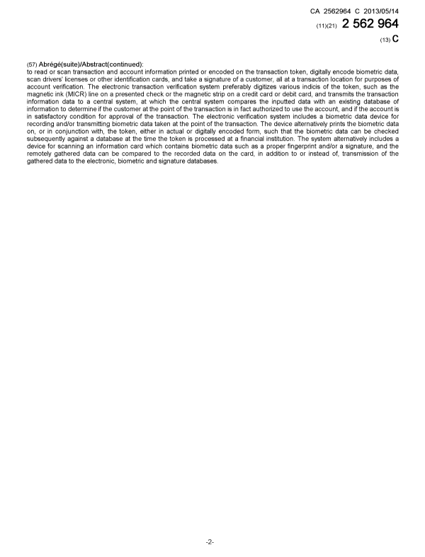 Document de brevet canadien 2562964. Page couverture 20130422. Image 2 de 2