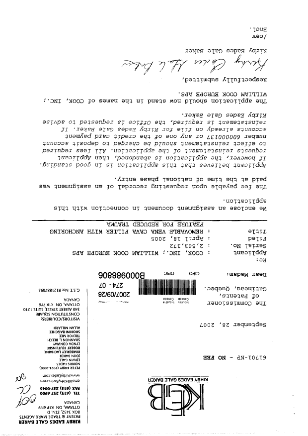 Document de brevet canadien 2563372. Cession 20070928. Image 1 de 5
