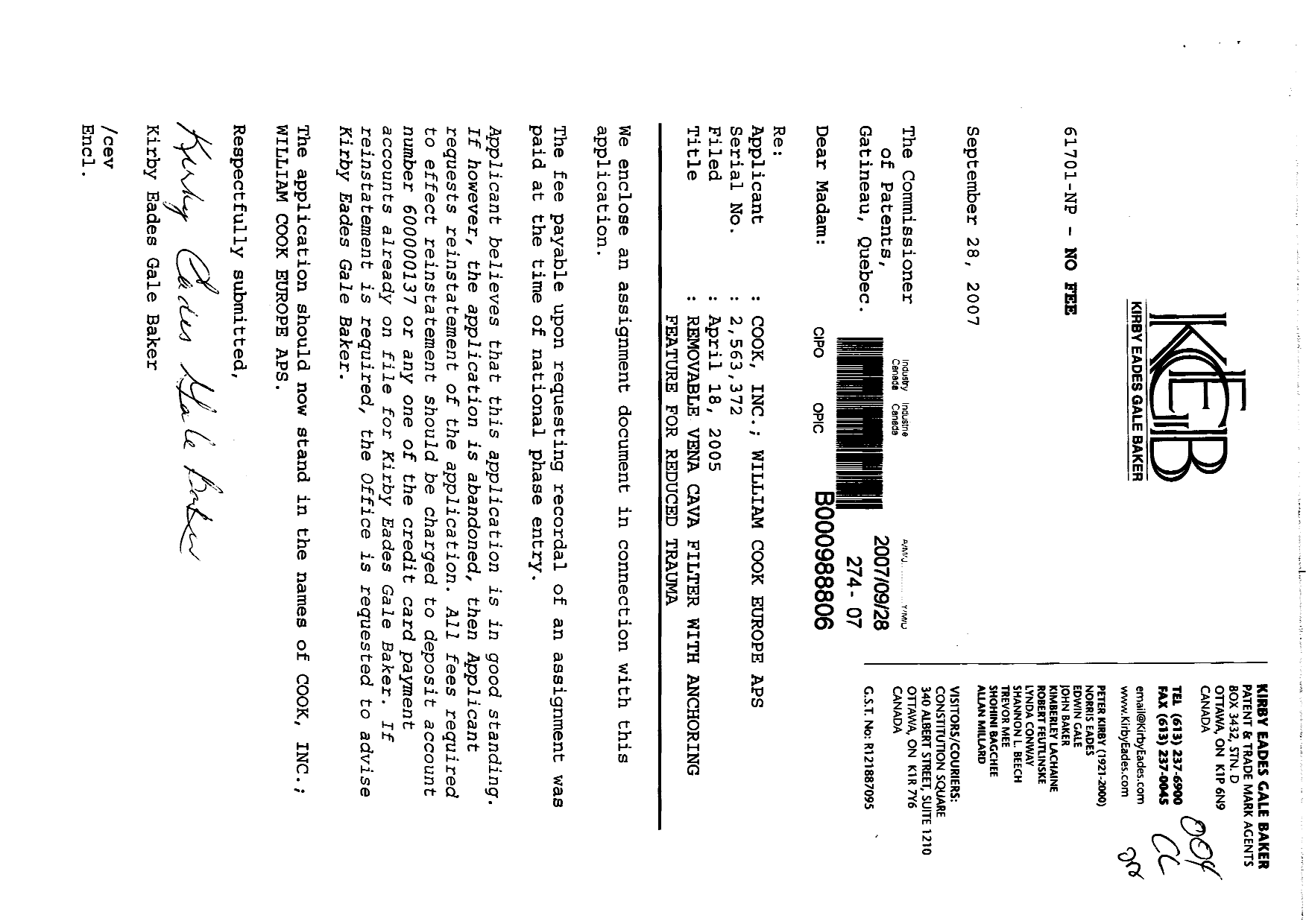 Document de brevet canadien 2563372. Cession 20070928. Image 1 de 5