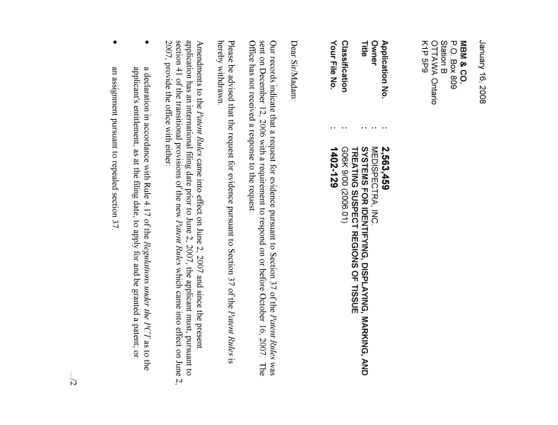 Document de brevet canadien 2563459. Correspondance 20080116. Image 1 de 2