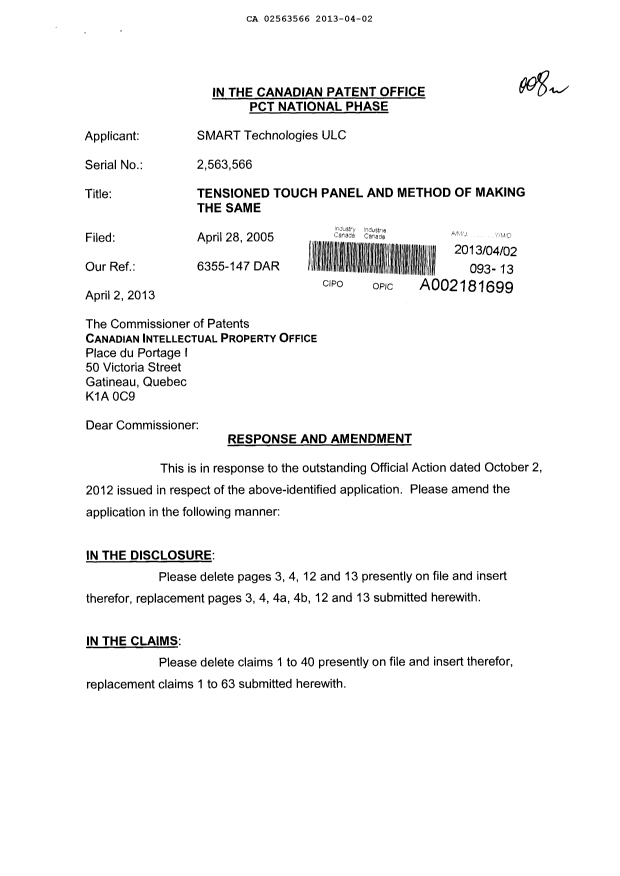 Canadian Patent Document 2563566. Prosecution-Amendment 20130402. Image 1 of 21