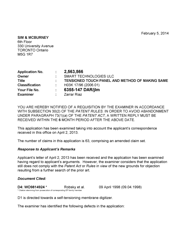 Canadian Patent Document 2563566. Prosecution-Amendment 20140205. Image 1 of 3