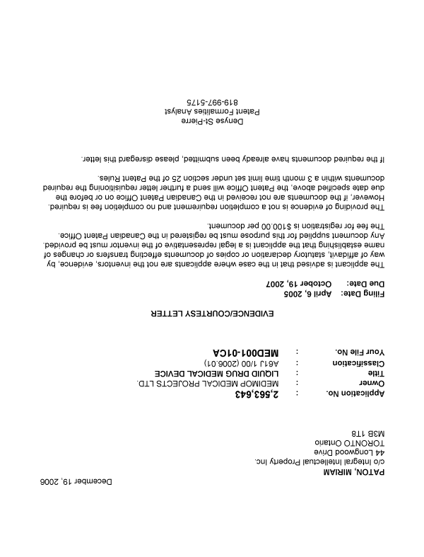 Document de brevet canadien 2563643. Correspondance 20061214. Image 1 de 1