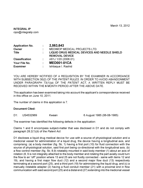 Document de brevet canadien 2563643. Poursuite-Amendment 20111213. Image 1 de 2