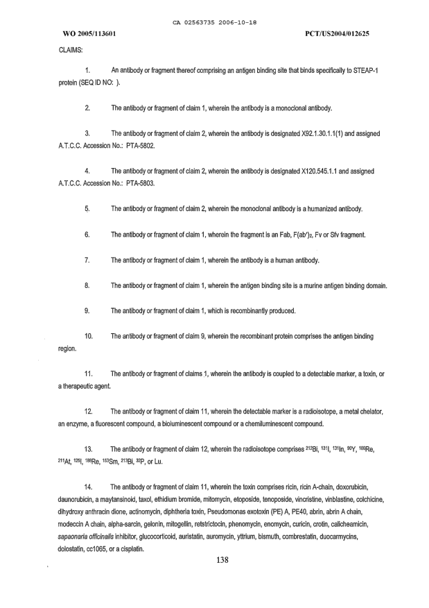 Document de brevet canadien 2563735. Revendications 20061018. Image 1 de 5