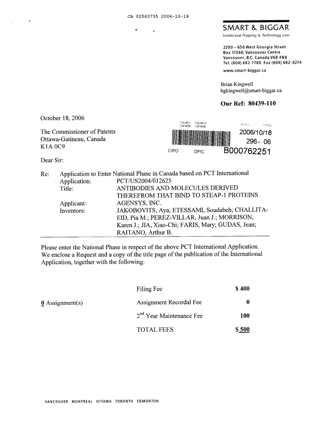 Document de brevet canadien 2563735. Cession 20061018. Image 1 de 4