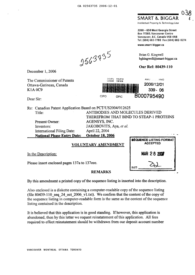 Document de brevet canadien 2563735. Poursuite-Amendment 20061201. Image 1 de 59