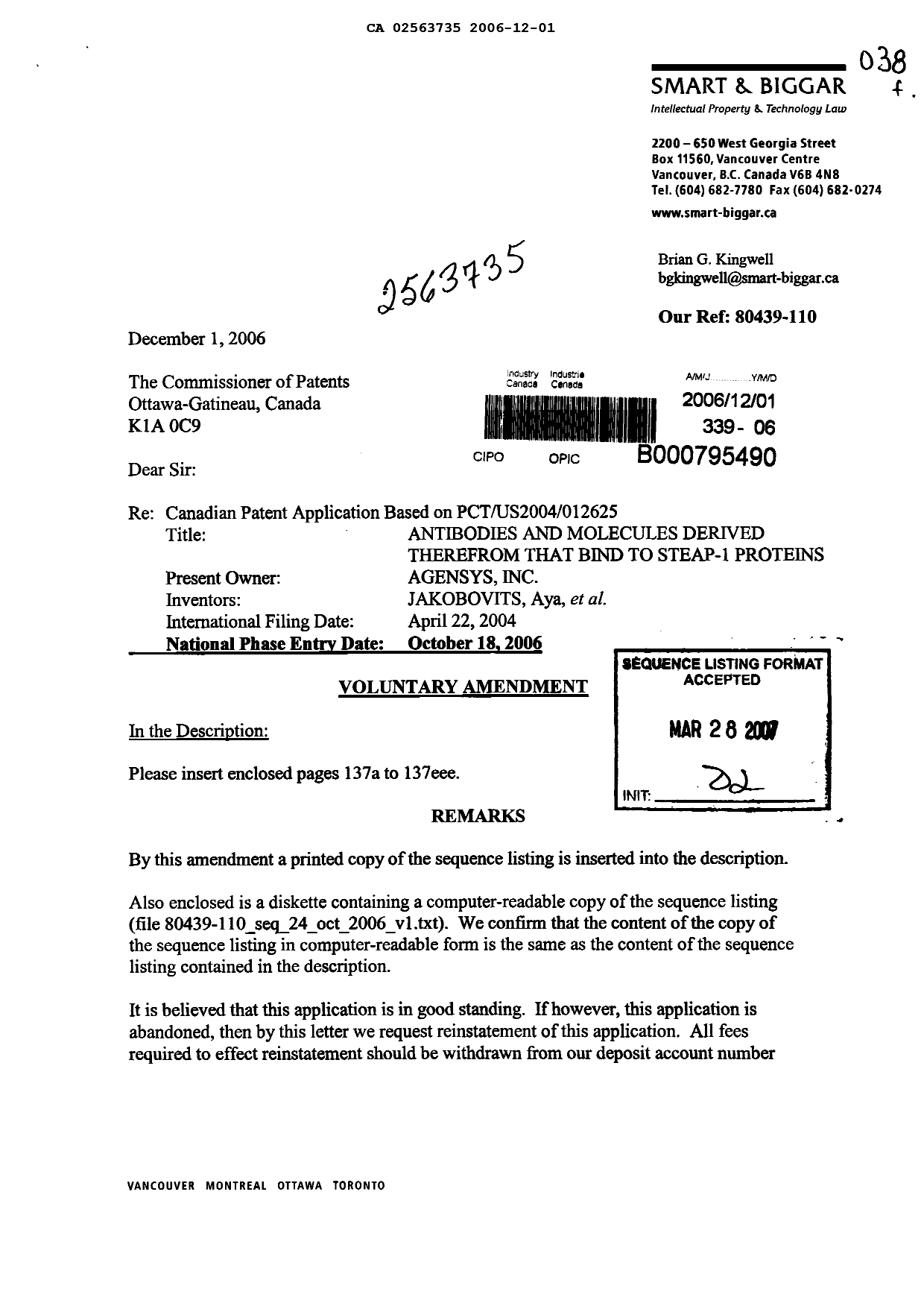 Canadian Patent Document 2563735. Prosecution-Amendment 20061201. Image 1 of 59