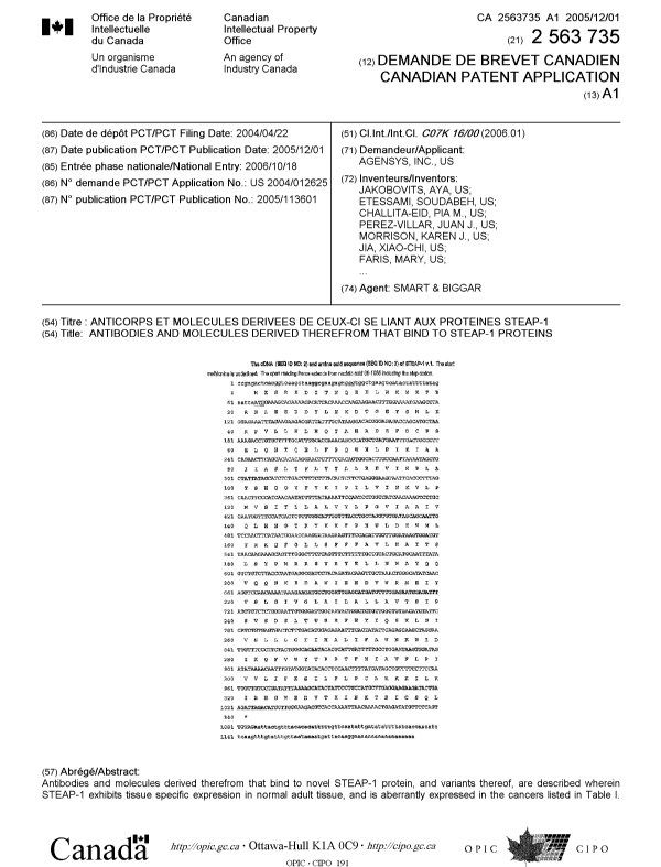 Document de brevet canadien 2563735. Page couverture 20061218. Image 1 de 2