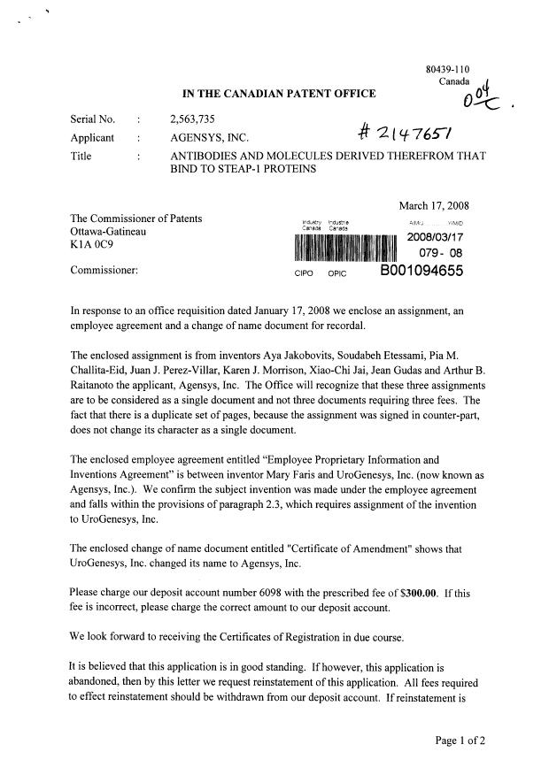 Document de brevet canadien 2563735. Cession 20080317. Image 1 de 24