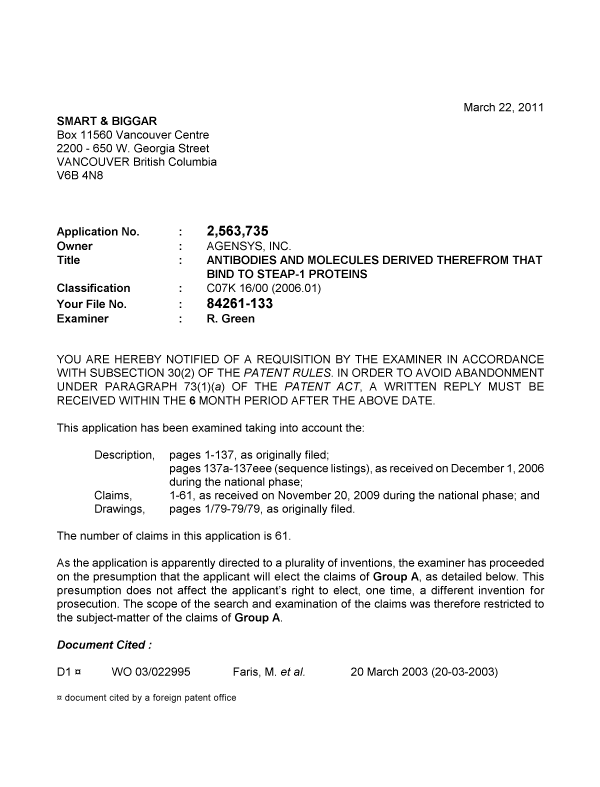 Document de brevet canadien 2563735. Poursuite-Amendment 20110322. Image 1 de 4
