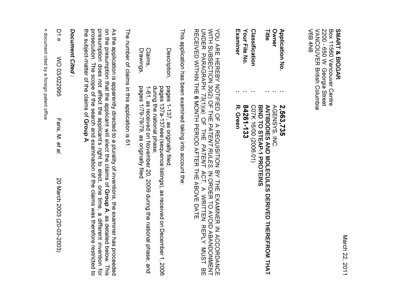 Canadian Patent Document 2563735. Prosecution-Amendment 20110322. Image 1 of 4