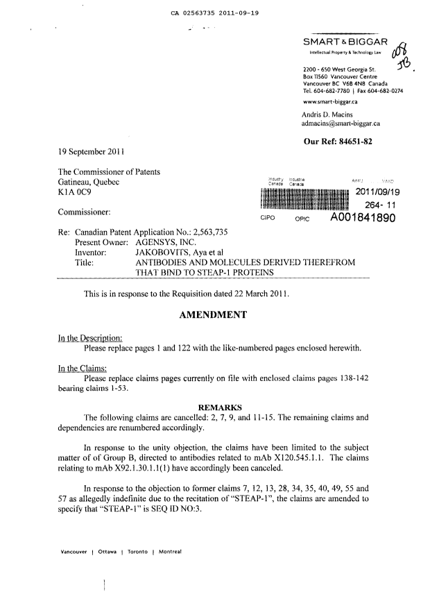 Document de brevet canadien 2563735. Poursuite-Amendment 20110919. Image 1 de 10