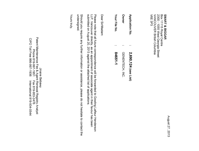 Canadian Patent Document 2563735. Correspondence 20130827. Image 1 of 1