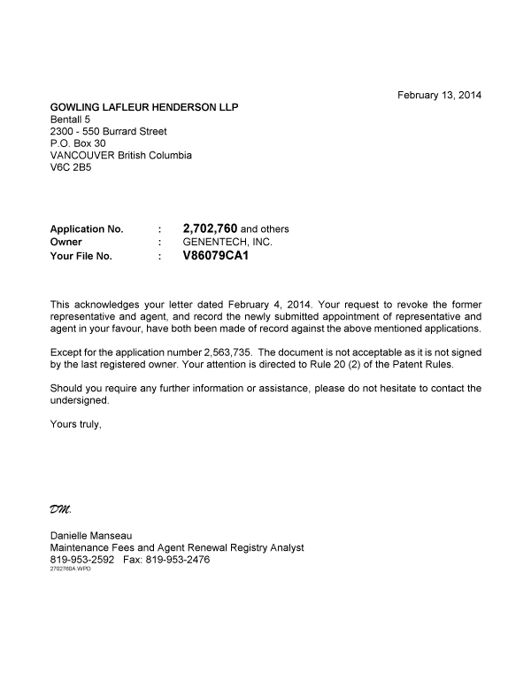 Document de brevet canadien 2563735. Correspondance 20140213. Image 1 de 1