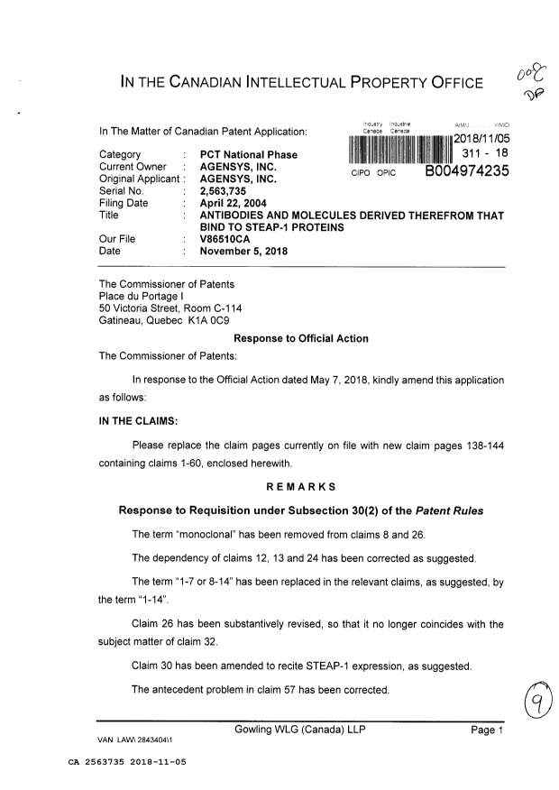 Document de brevet canadien 2563735. Modification 20181105. Image 1 de 9