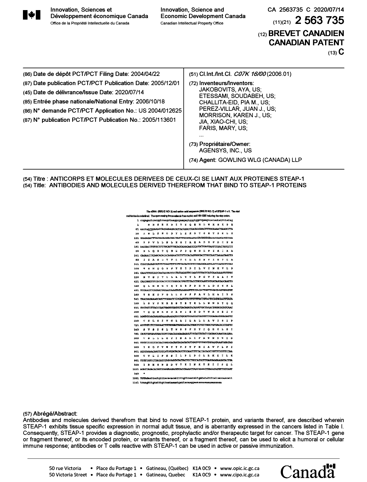 Canadian Patent Document 2563735. Cover Page 20200615. Image 1 of 2