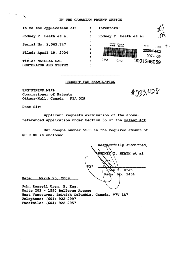 Document de brevet canadien 2563747. Poursuite-Amendment 20090402. Image 1 de 1