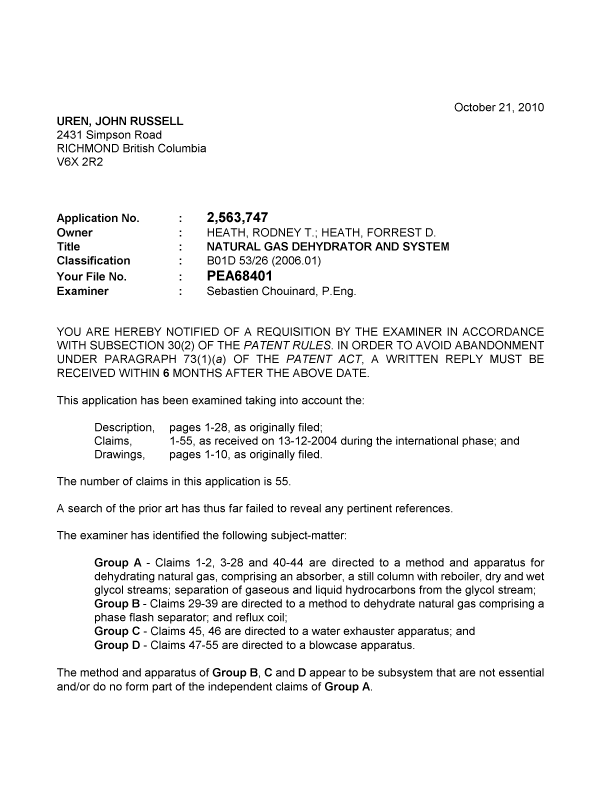 Document de brevet canadien 2563747. Poursuite-Amendment 20101021. Image 1 de 3