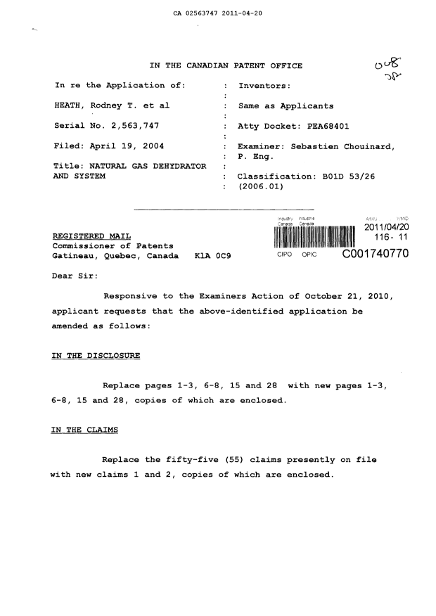 Document de brevet canadien 2563747. Poursuite-Amendment 20110420. Image 1 de 11