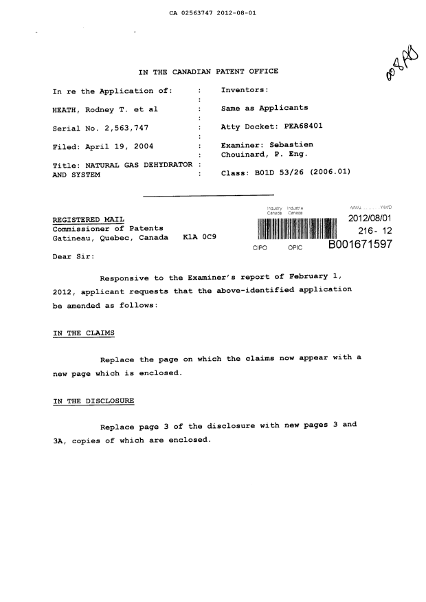 Document de brevet canadien 2563747. Poursuite-Amendment 20120801. Image 1 de 5