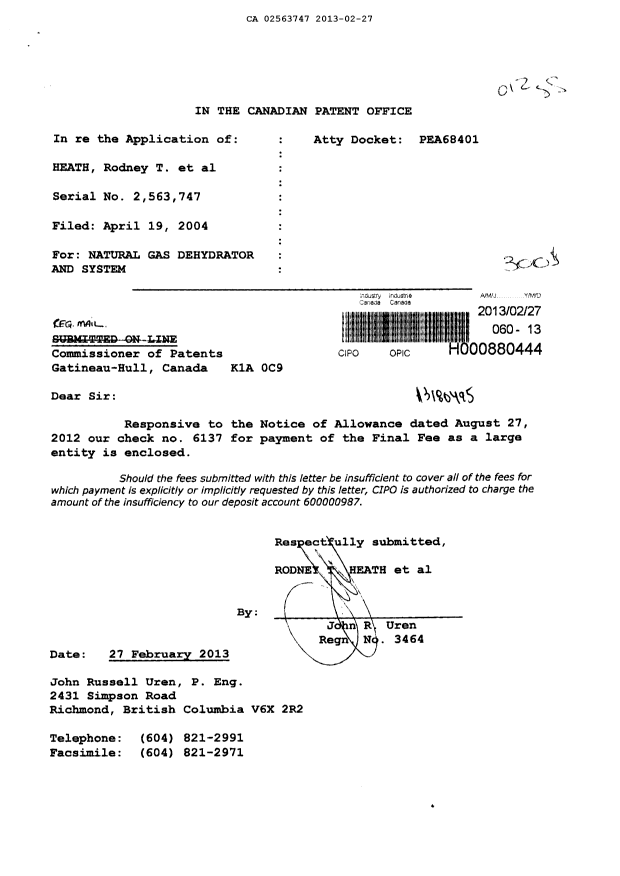 Document de brevet canadien 2563747. Correspondance 20130227. Image 1 de 1