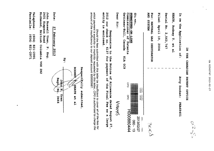 Canadian Patent Document 2563747. Correspondence 20130227. Image 1 of 1