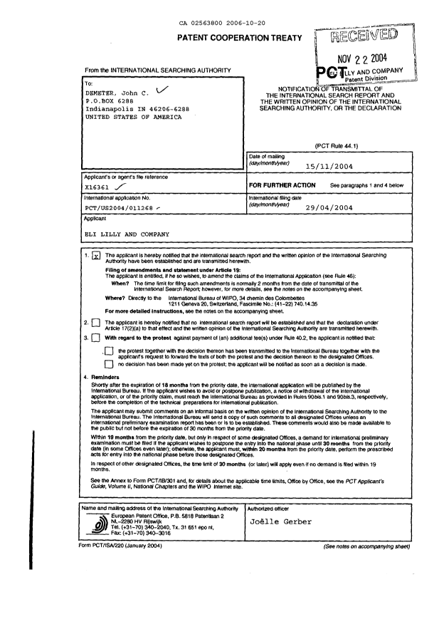 Canadian Patent Document 2563800. PCT 20061020. Image 1 of 19