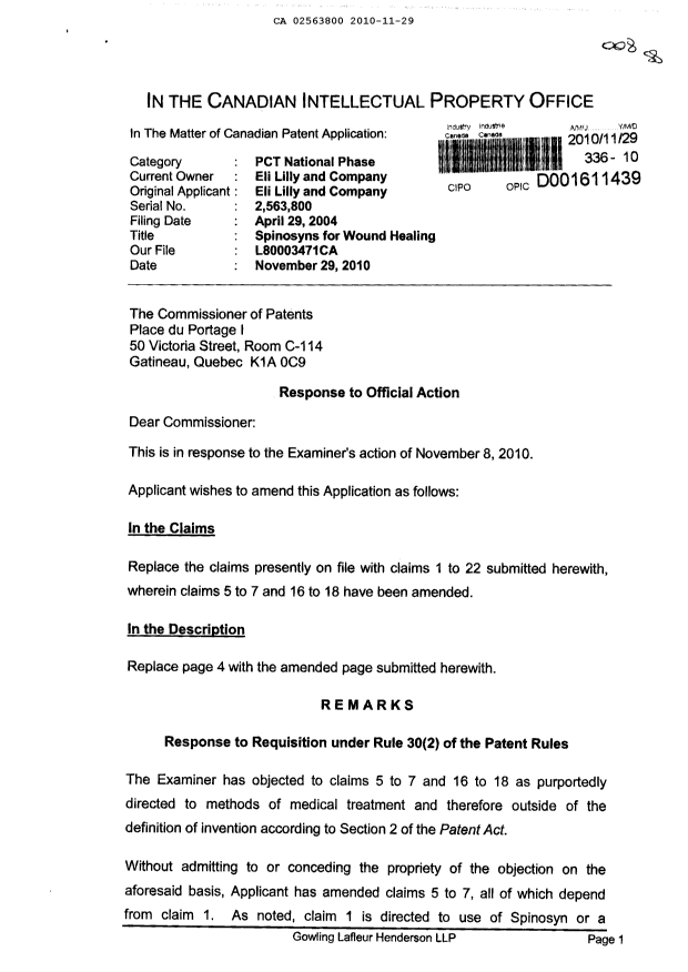 Canadian Patent Document 2563800. Prosecution-Amendment 20101129. Image 1 of 6